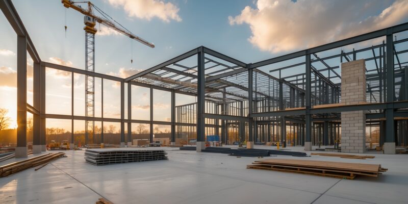 Commercial construction site at structural phase ready for mechanical rough-in