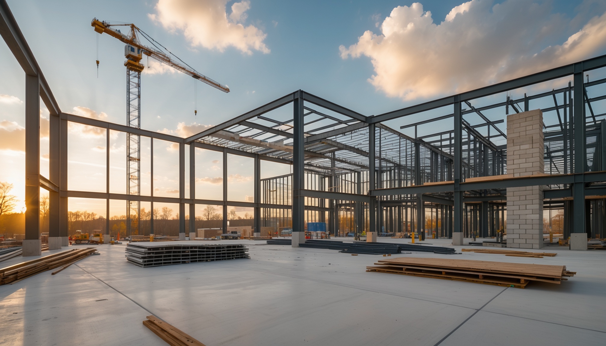 Commercial construction site at structural phase ready for mechanical rough-in