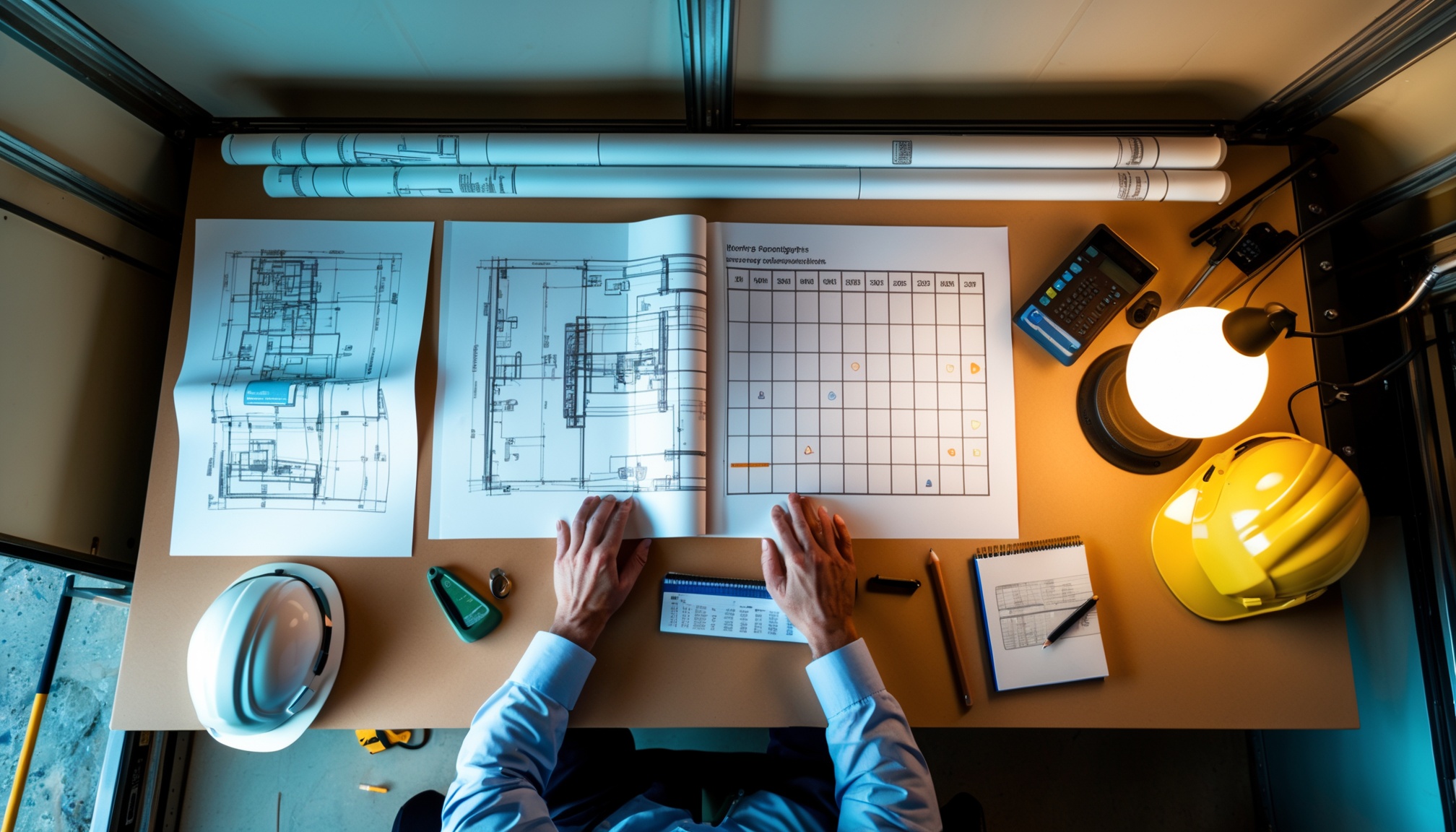 Mechanical project drawings and schedule on construction project office desk