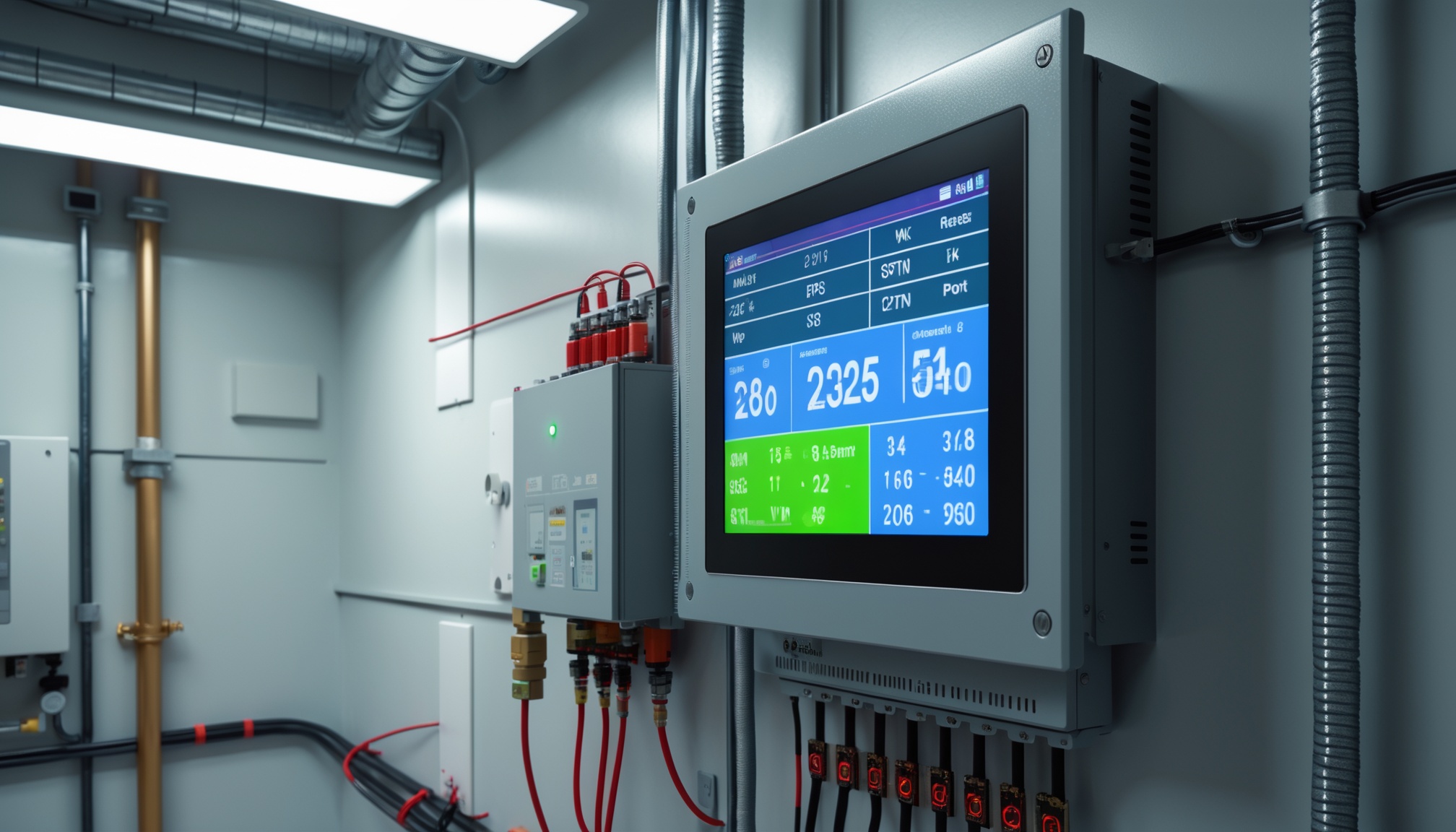 Building management system control panel showing RTU status in commercial mechanical room