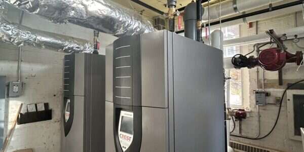 Commercial boilers and water heaters in a mechanical room installed by Young's Mechanical — mechanical room, boiler, water heater