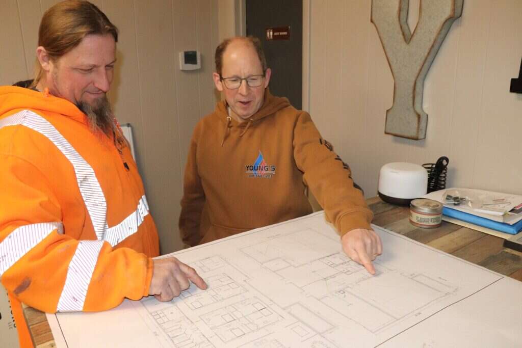Young's Mechanical Solutions staff reviewing commercial project plans — leadership, planning