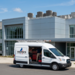 White Young's Mechanical Solutions service van outside a commercial school building with rooftop HVAC units — commercial HVAC, schools