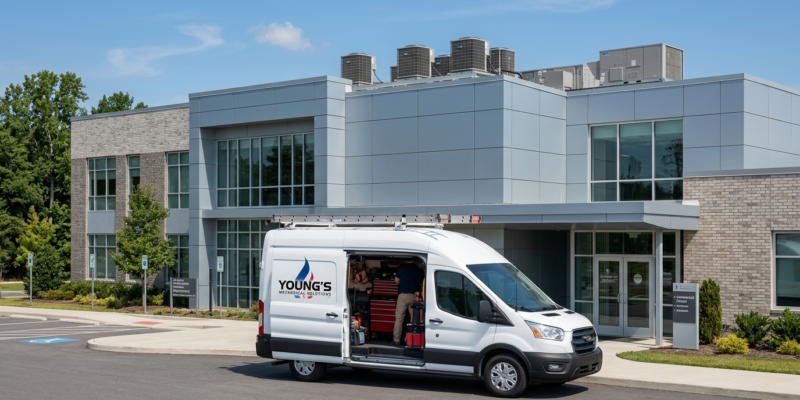 White Young's Mechanical Solutions service van outside a commercial school building with rooftop HVAC units — commercial HVAC, schools