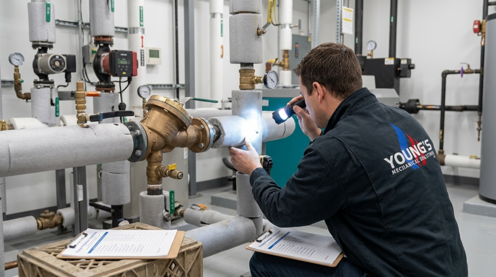Young's Mechanical plumber inspecting insulated commercial water piping in a mechanical room for winter freeze protection — plumbing, mechanical room, freeze protection