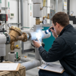 Young's Mechanical plumber inspecting insulated commercial water piping in a mechanical room for winter freeze protection — plumbing, mechanical room, freeze protection