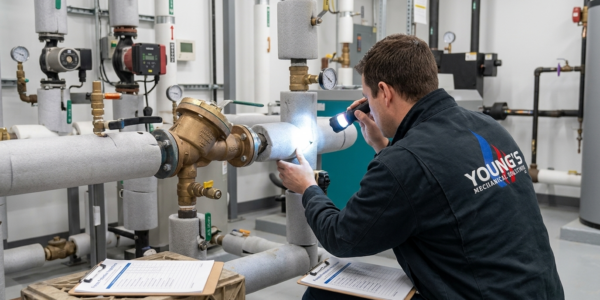 Young's Mechanical plumber inspecting insulated commercial water piping in a mechanical room for winter freeze protection — plumbing, mechanical room, freeze protection