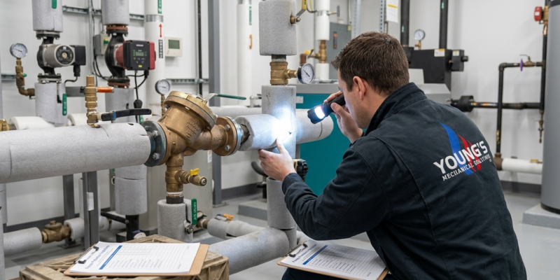 Young's Mechanical plumber inspecting insulated commercial water piping in a mechanical room for winter freeze protection — plumbing, mechanical room, freeze protection