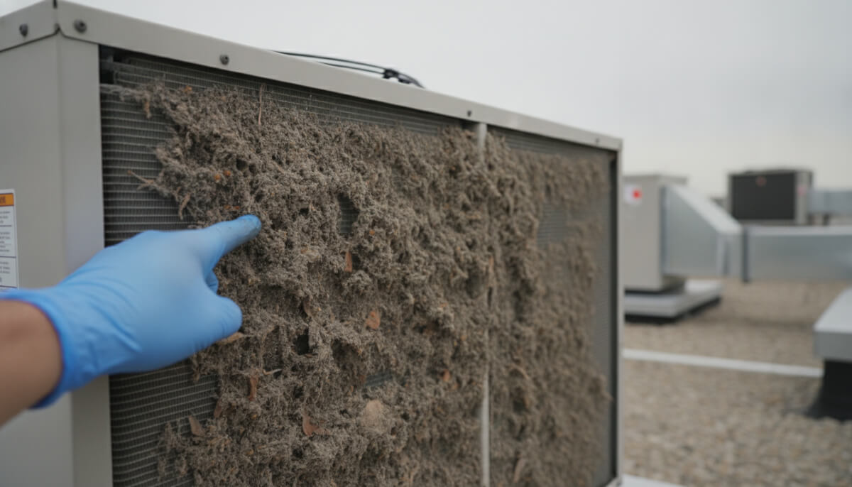 Close-up of a dirty condenser coil on a commercial HVAC unit showing the buildup that increases energy costs when maintenance is deferred