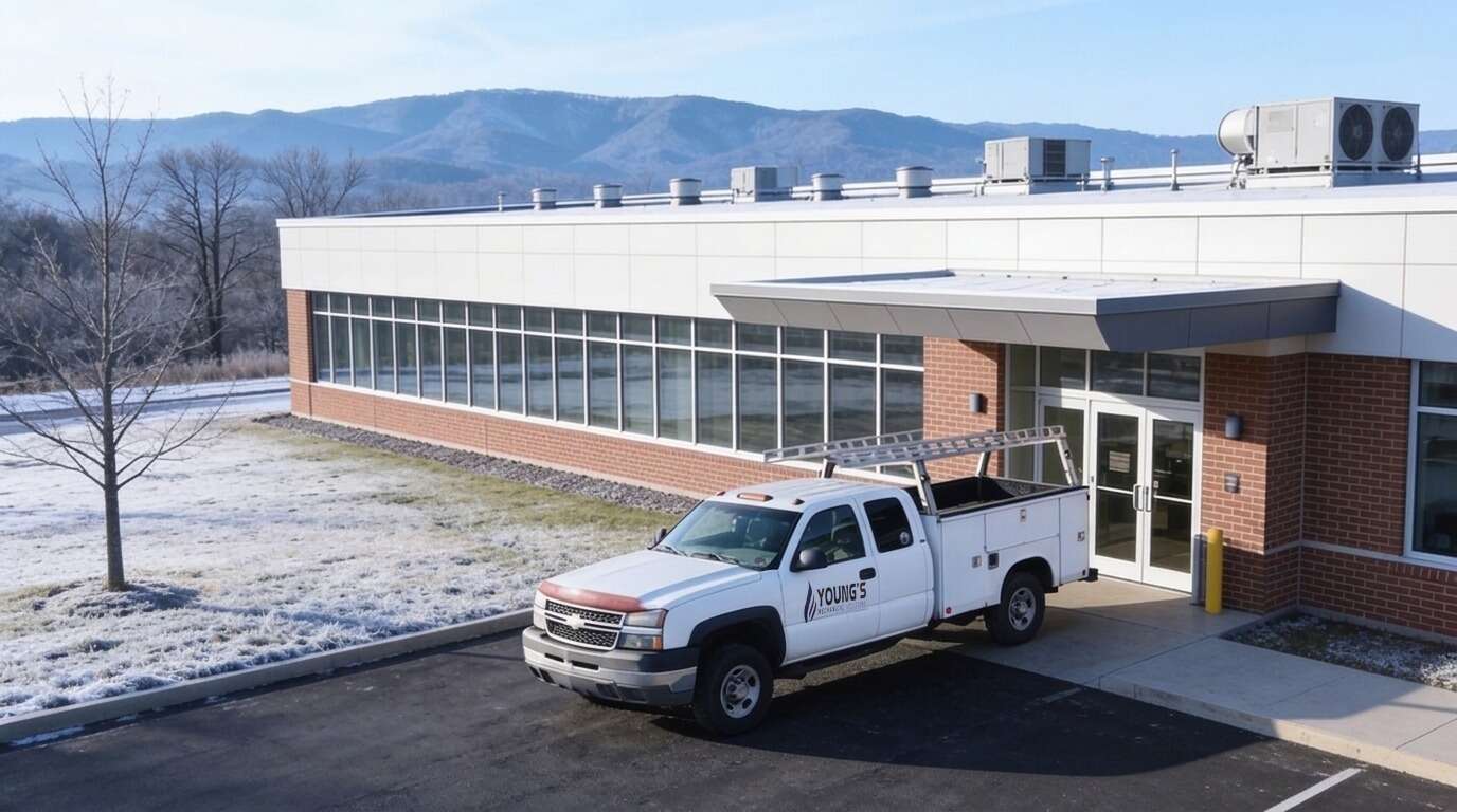 Young's Mechanical Solutions service truck parked at a medical office building on a frosty winter morning in the Shenandoah Valley